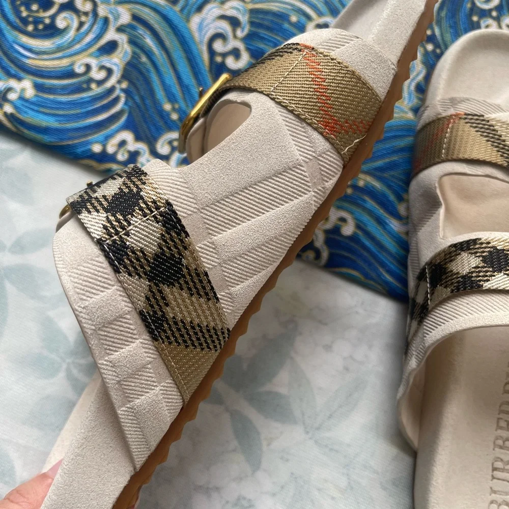 Burberry Beige Check Triple-Buckle Slide Sandals